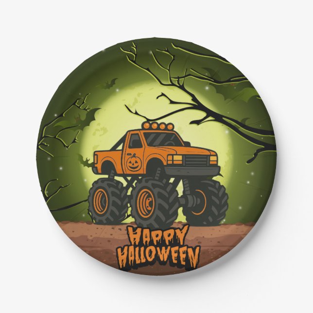 Frohe Halloween Monster Truck mit Fledermäusen und Pappteller (Vorderseite)