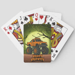 Frohe Halloween Monster Truck mit Fledermäusen und Spielkarten
