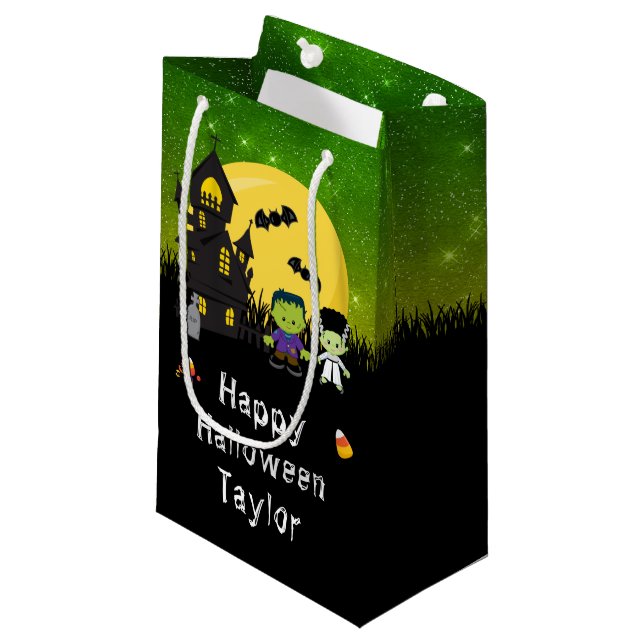 Frohe Halloween Party Monster Green Kleine Geschenktüte (Vorderseite Schrägansicht)