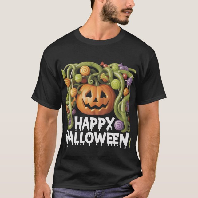 Frohe Halloween Pumpkin Illustration mit Candy T-Shirt (Vorderseite)