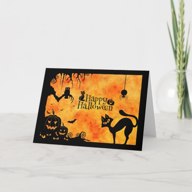 Frohe Halloween Silhouette Black Cat und Freunde Karte (Vorderseite)