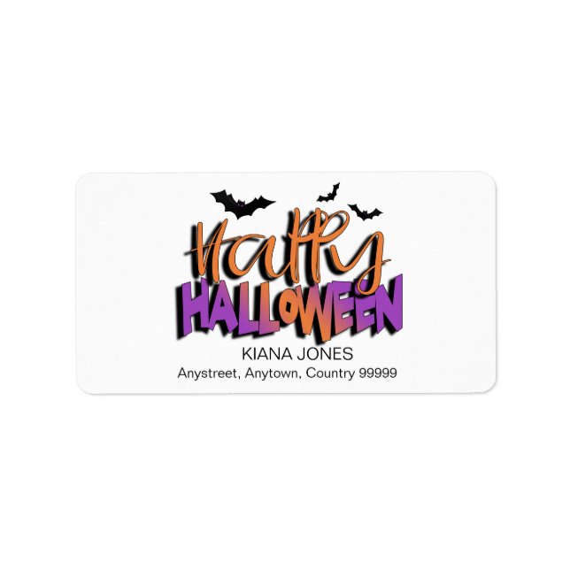 Frohe Halloween Typografie mit Orange/Fledermäuse- Adressaufkleber (Vorne)