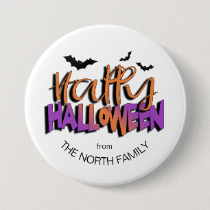 Frohe Halloween Typografie mit Orange/Fledermäuse- Button