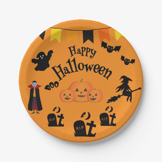 Frohe Halloween- und Halloween-Charaktere Pappteller (Vorderseite)