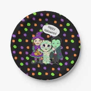 Frohe Halloween Vampire, Hexe, Mummy Polka Dot Pappteller
