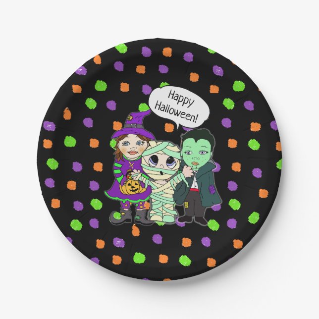 Frohe Halloween Vampire, Hexe, Mummy Polka Dot Pappteller (Vorderseite)