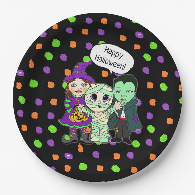 Frohe Halloween Vampire, Hexe, Mummy Polka Dot Pappteller (Vorderseite)