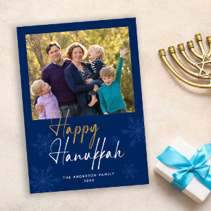 Frohe Hanukkah-Schneeflocken Dunkelblau Foto Feiertagskarte
