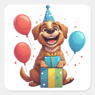 🎈 Frohe Hundeparty mit Luftballons und Geschenk Quadratischer Aufkleber