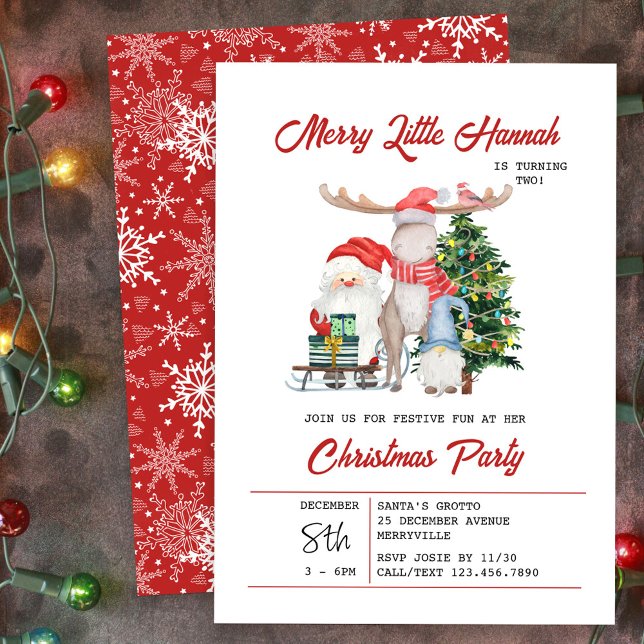 Frohe kleine Niedliche Kinder Weihnachten Geburtst Einladung (Kids Christmas Party Invitation with Santa and Christmas Tree)