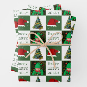 Frohe lustige Weihnachtsbaum Santa Mütze Familienf Geschenkpapier Set