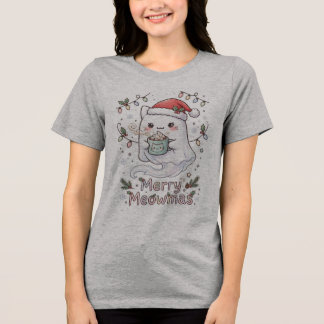 Frohe Meowmas T-Shirt - Süße Weihnachts-Geisterkat Tri-Blend Shirt
