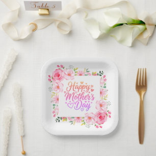 Frohe Muttertag Aquarell Rosa Floral Pappteller