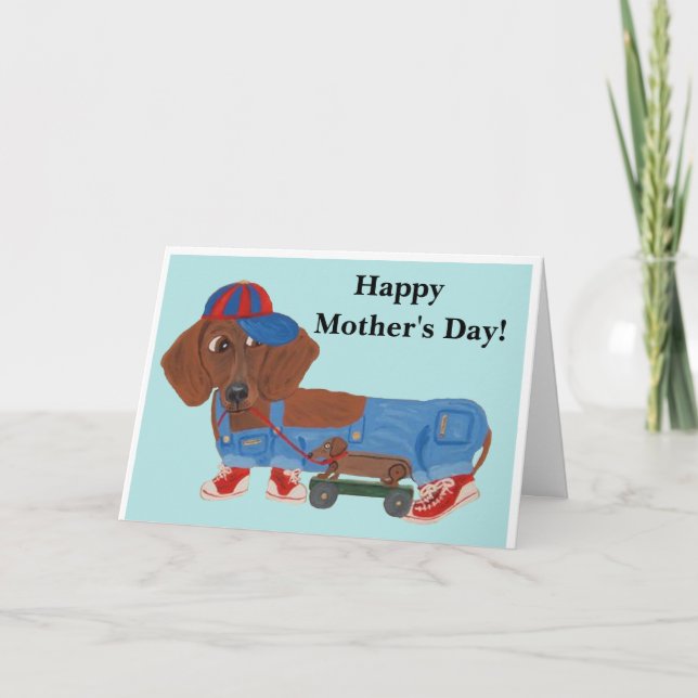 Frohe Muttertag Dachshund mit Zugspielzeug Feiertagskarte (Vorderseite)
