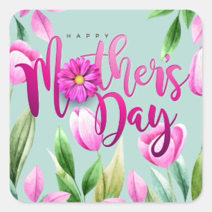 Frohe Muttertag rosa Tulpen Banner Quadratischer Aufkleber