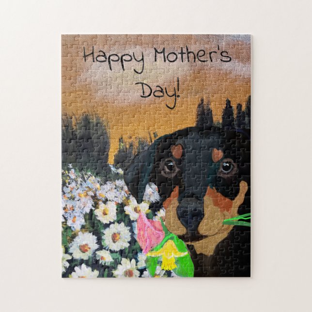 Frohe Muttertags-Welpen-Blumenstrauß Puzzle (Vertikal)