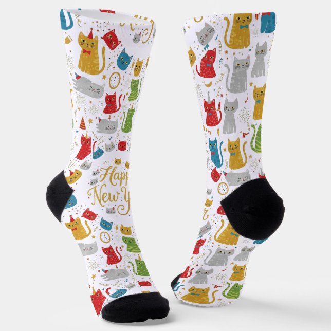 Frohe Neujahr Katzen Muster Crew Socken (Gewinkelt)