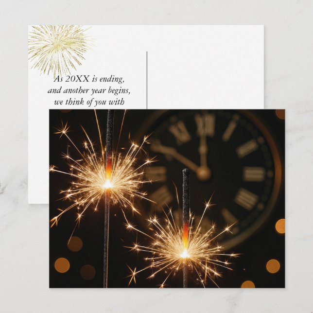 Frohe Neujahrsfunken auf einer Mitternachtsuhr Postkarte (Vorne/Hinten)