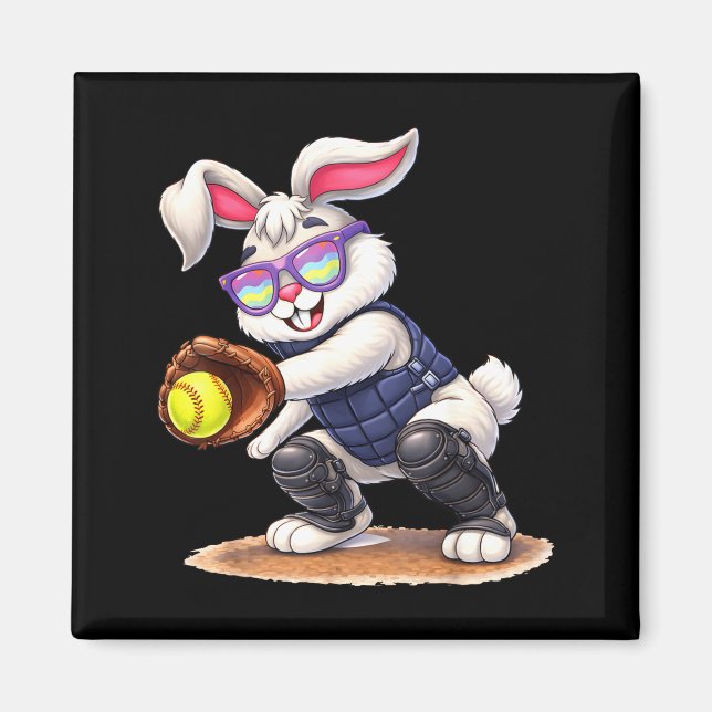 Frohe Osterferien Hase spielt Softball Magnet (Vorne)
