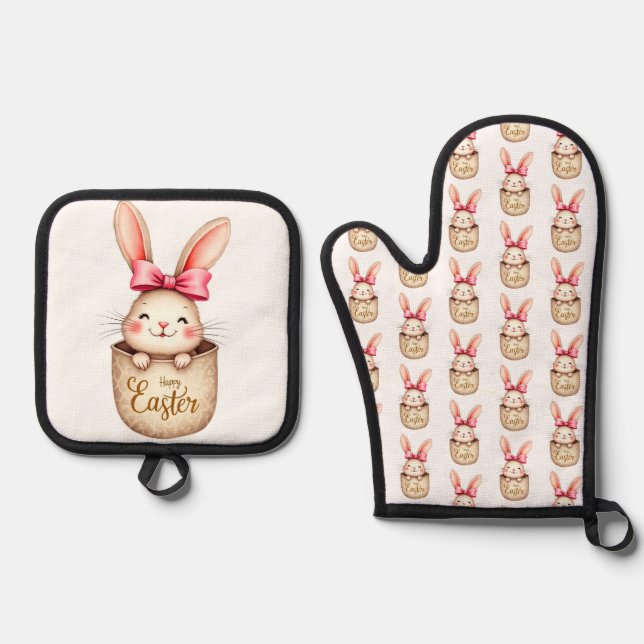 Frohe Osterhase! Ofenhandschuh & Topflappen-Set (Vorderseite)