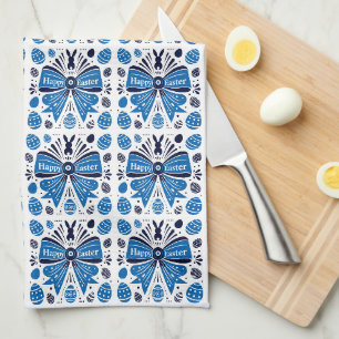 Frohe Ostern Blaue Schleife Folk Art Hase & Eier F Geschirrtuch