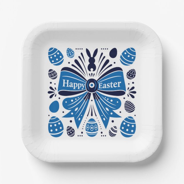 Frohe Ostern Blaue Schleife Folk Art Hase & Eier F Pappteller (Vorderseite)