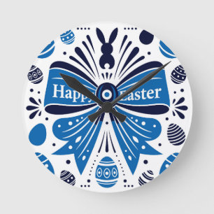 Frohe Ostern Blaue Schleife Folk Art Hase & Eier F Runde Wanduhr