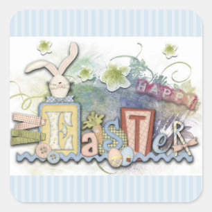 Frohe Ostern Blaues Kaninchen & Blumen Aufkleber