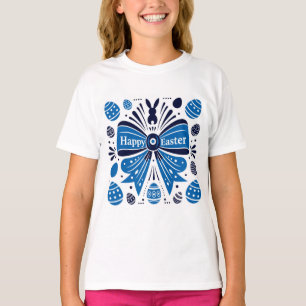 Frohe Ostern Blaues Schleifen-Volkskunst-Häschen & T-Shirt