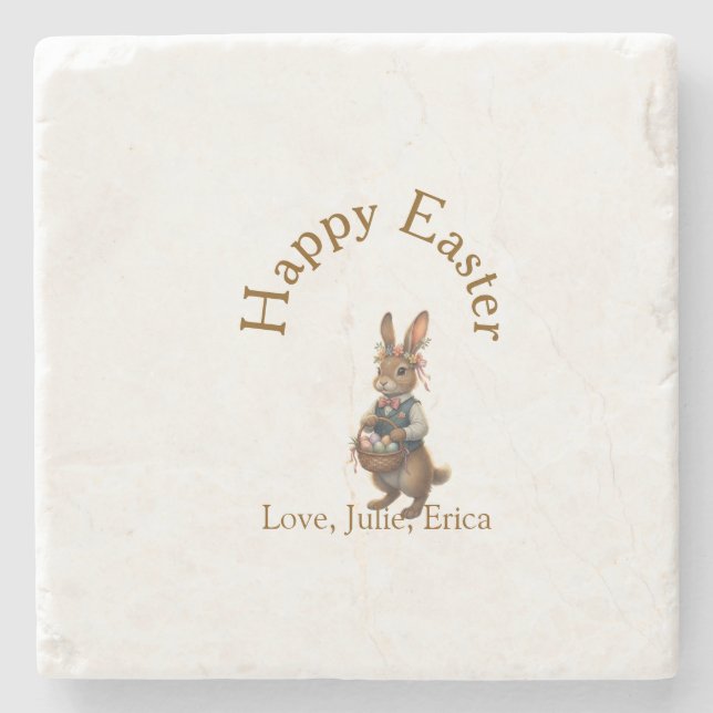Frohe Ostern brauner Hase mit Eiern Liebe Name hin Steinuntersetzer (Vorderseite)