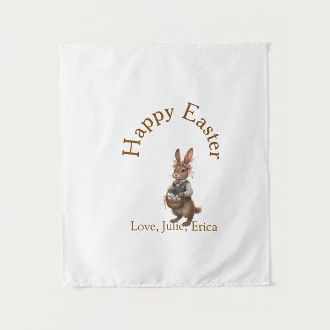 Frohe Ostern brauner Hase mit Eiern Liebe Name hin Wandteppich (Vorderseite)