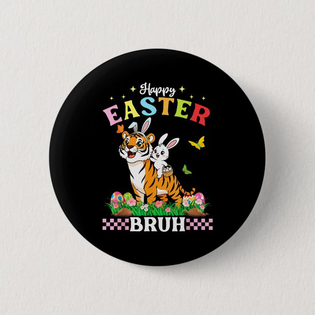 Frohe Ostern Bruh Süßer Tiger Hasenohren Korb Ei Button (Vorderseite)