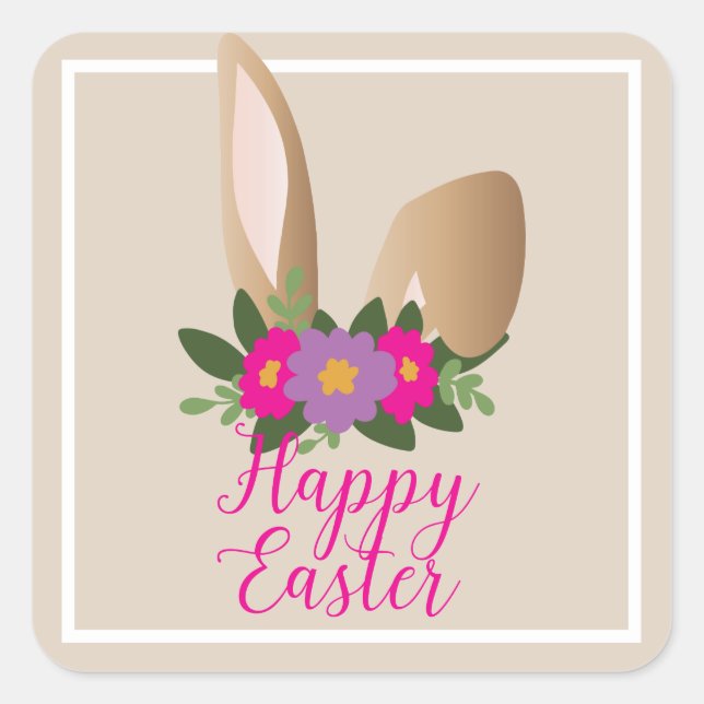 Frohe Ostern! Bunny Ears Floral Quadratischer Aufkleber (Vorderseite)