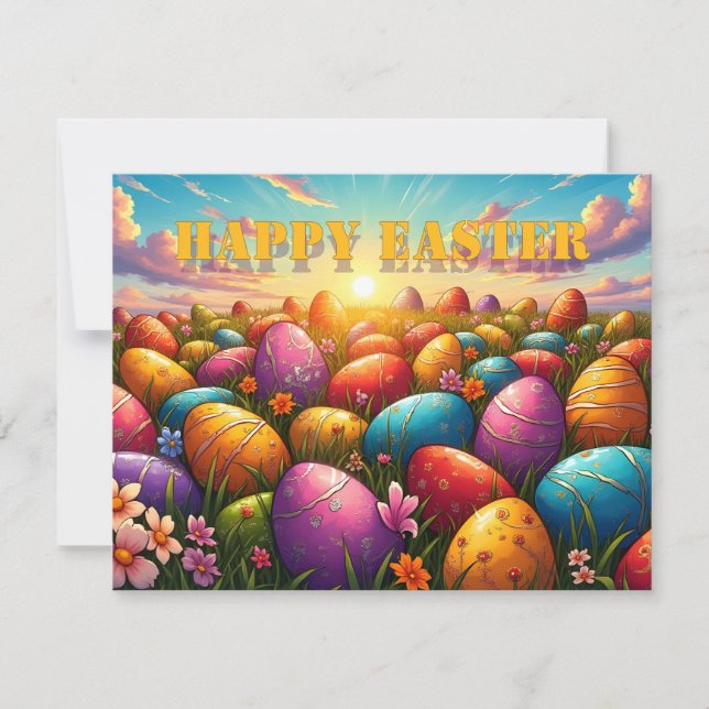 Frohe Ostern Bunte Eier auf einer Frühlingswiese (Vorderseite)
