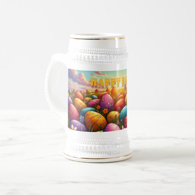 Frohe Ostern Bunte Eier auf einer Frühlingswiese Bierglas (Vorderseite Links)
