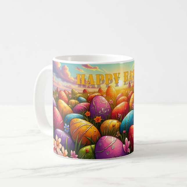 Frohe Ostern Bunte Eier auf einer Frühlingswiese Kaffeetasse (Vorderseite Links)