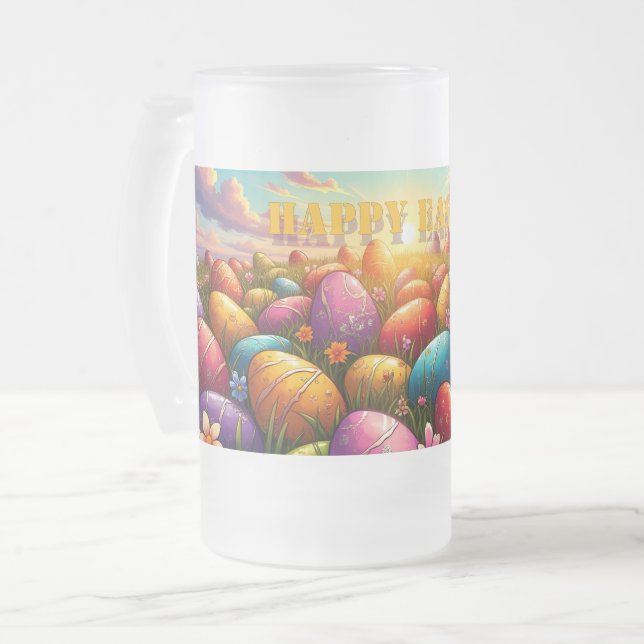 Frohe Ostern Bunte Eier auf einer Frühlingswiese Mattglas Bierglas (Vorderseite Links)