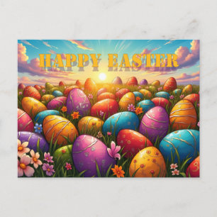 Frohe Ostern Bunte Eier auf einer Frühlingswiese Postkarte