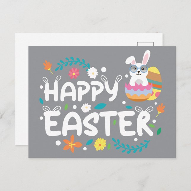 Frohe Ostern, Eier, Bunny & Blume Postkarte (Vorne/Hinten)