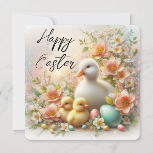 Frohe Ostern Ente, Küken, Eier und Blumen Feiertagskarte