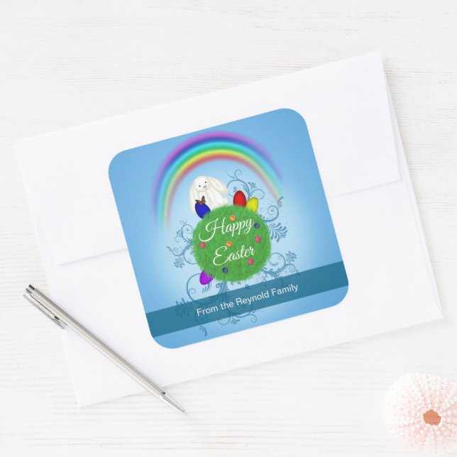 Frohe Ostern Farbige Regenbogen & Planet Süßer Has Quadratischer Aufkleber (Umschlag)