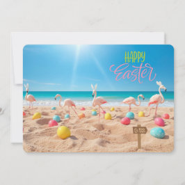 Frohe Ostern Flamingo Ostereiersuche am Strand Feiertagskarte