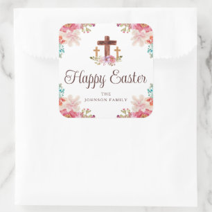 Frohe Ostern Florale Wasserfarbe Religiöses Kreuz Quadratischer Aufkleber