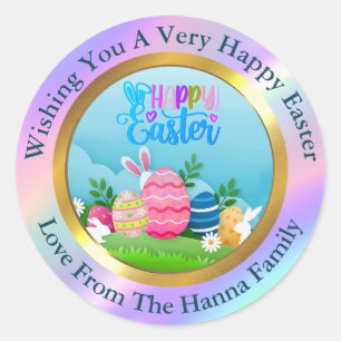 Frohe Ostern - Florales Kaninchen & Eier Favor Runder Aufkleber