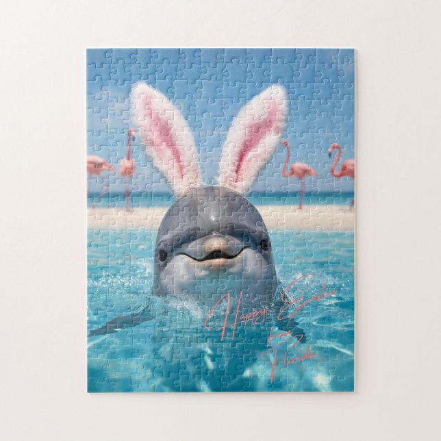 Frohe Ostern Florida Strand Flamingos und Delfin Puzzle (Vertikal)