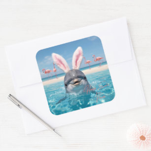 Frohe Ostern Florida Strand Flamingos und Delfin Quadratischer Aufkleber