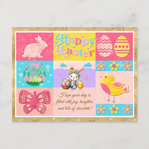 Frohe Ostern Freude mit Hase, Küken, Eiern & Blume Postkarte