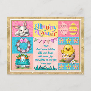 Frohe Ostern Freude mit Hase, Küken, Eiern & Blume Postkarte