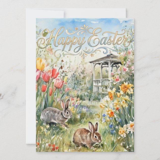 Frohe Ostern Frühlingsblumen & Hasen Osterkarte (Vorderseite)