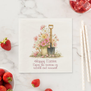 Frohe Ostern Frühlingsrosa und gelbe Blumen Spaten Serviette